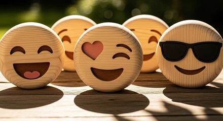 Five Wooden Emoji Icons Representing Various Emotions on a Wood Surface