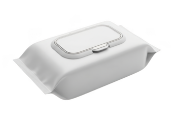 White baby wipes package, wet wipes container, facial cleaning tissues, hygiene product, skin care, sanitary, disposable, antibacterial, travel size isolated on transparent background