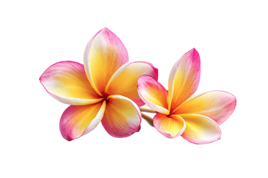 Close-up of two plumeria flowers, vibrant yellow and pink