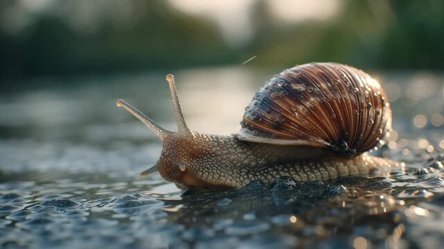 Snail with textured wet shell moving slowly wet surface soft natural light close up outdoor animal with blurred nature background creating calm
