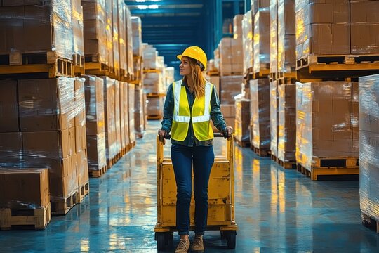 Woman wearing safety helmet and reflective vest pushing a yellow hand truck in a warehouse aisle lined with stacked pallets wrapped in plastic