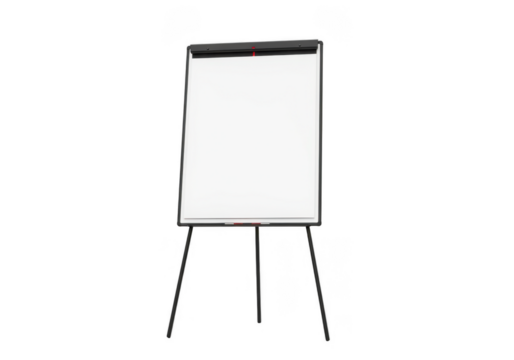 Presentation flipchart easel stand with blank white paper for meetings and brainstorming isolated on transparent background