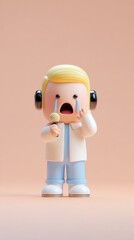 Crying cartoon character with headphones and microphone.