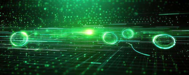 Futuristic glowing green digital interface with circular holographic elements and dynamic light trails over a grid background suggesting technology and data flow