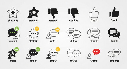 Set of customer review and feedback icons with star ratings and speech bubbles, representing positive and negative opinions