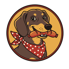 Cartoon Dachshund Dog Mascot with Sausage and Red Bandana in Circular Frame