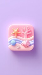 Cute beach scene with starfish, seashell, and tree.
