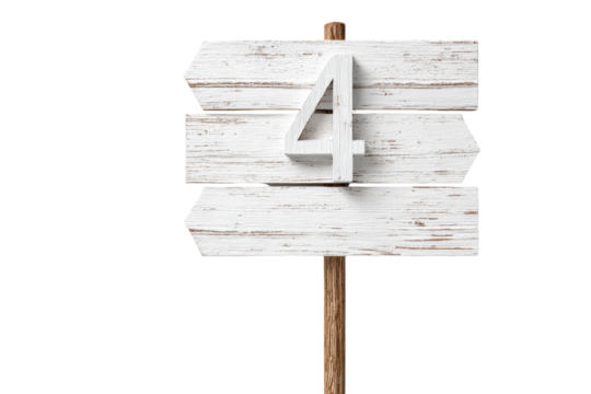 Whitewashed wooden signpost with the number four