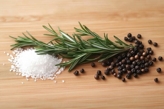 Fresh rosemary sprigs accompanied by coarse sea salt and whole black peppercorns on a wooden surface, evoking natural cooking ingredients and freshness