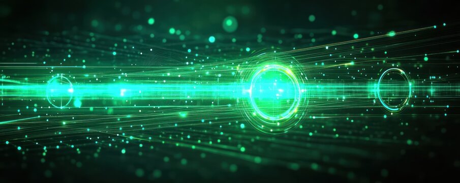 Glowing green digital light waves with circular neon elements and sparkling particles creating a dynamic futuristic energy flow