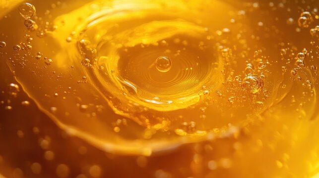 Close-up of golden viscous liquid with bubbles and swirling patterns creating a warm, dynamic, and fluid visual effect
