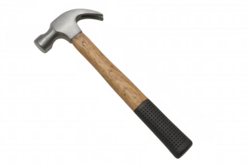 Claw hammer with wooden handle and rubber grip on transparent background, symbolizing construction and diy work