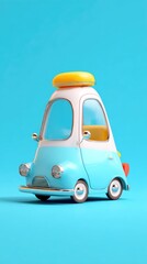Cute cartoon car on a blue background, ready for travel.