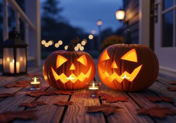 Fototapeta premium Lit Halloween Pumpkins and Candles on Wooden Porch at Dusk