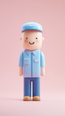 Cute cartoon character in blue uniform and cap, smiling.