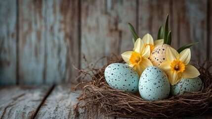 Speckled pastel eggs arranged in a rustic bird nest alongside vibrant yellow daffodil flowers on weathered wooden surface creating a serene natural scene