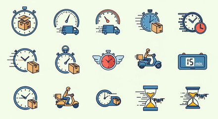 Collection of delivery time icons, featuring various clocks, vehicles, and symbols representing speed and efficiency in shipping and logistics