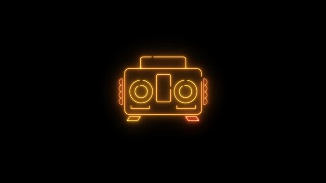 Neon glowing audio player radio icon . ghetto blaster in retro neon over dark background. Technology concept neon icon animated on black background.