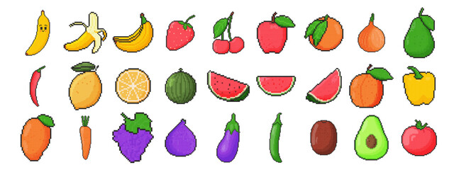 8 bit fruits and vegetable icon set. Pixel art object. Old school vintage game graphic.