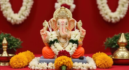 Obraz premium Ganesh idol decorated with garland for festive hindu celebration and spiritual worship decor