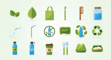Ecofriendly lifestyle and zero waste concept collection of reusable items for sustainable living, such as toothbrush, soap, and water bottle