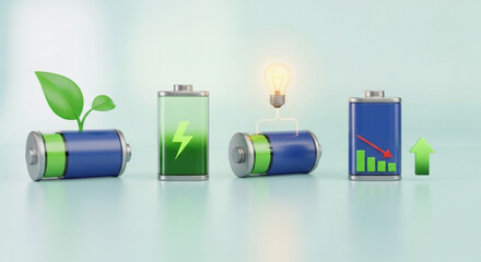 Conceptual illustration of green energy with batteries, a light bulb, and a plant the image represents renewable energy and sustainable power sources