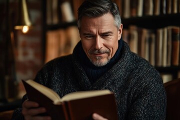 Middle-aged man with grey hair and beard reading a book in a cozy library setting with warm lighting and shelves filled with books
