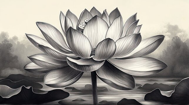 Close-up detailed black and white drawing of a large lotus flower blooming above calm water with surrounding leaves and misty trees in the background - Powered by Adobe