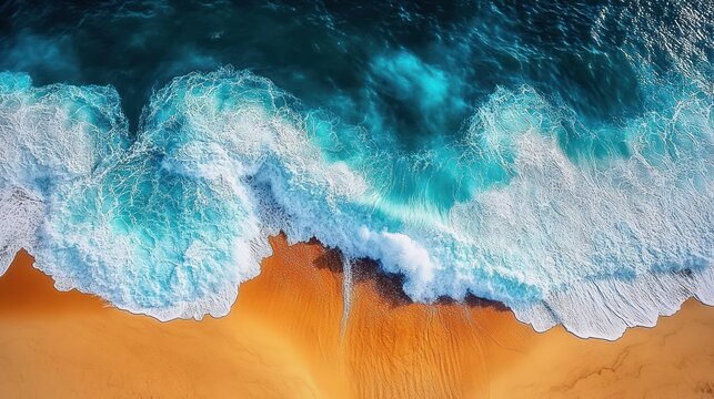 Aerial view of powerful turquoise ocean waves crashing onto a golden sandy beach creating white foamy surf - Powered by Adobe