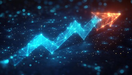Glowing digital arrow graph made of interconnected blue and orange points and lines pointing upwards symbolizing growth and progress in a futuristic dark space