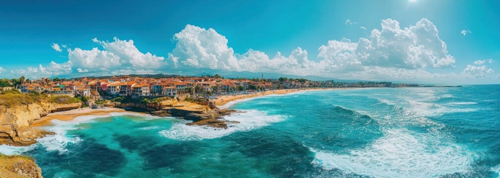 Panoramic view of a coastal town with red-roofed buildings, sandy beaches, rocky cliffs, turquoise ocean waves, and a bright blue sky with scattered fluffy clouds