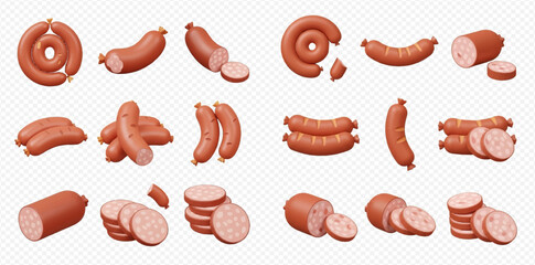 A collection of sausage illustrations, showcasing various arrangements and cuts on a transparent background.