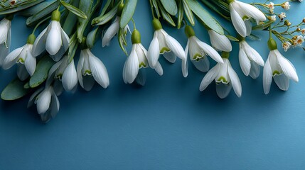 A minimalist flat lay photograph on a soft pastel blue background, rectangular banner with delicate snowdrop flowers Springtime Greetings and Announcements Minimalist Floral Design