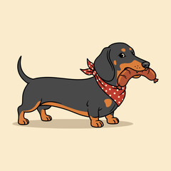 Full Body Cartoon Dachshund Dog with Bandana Holding a Sausage