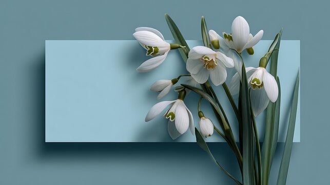 A minimalist flat lay photograph on a soft pastel blue background, rectangular banner with delicate snowdrop flowers Springtime Greetings and Announcements Minimalist Floral Design