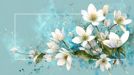 A minimalist flat lay photograph on a soft pastel blue background,rectangular banner with delicate snowdrop flowers Springtime Greetings and Announcements Minimalist Floral Design