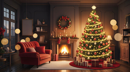 A christmas scene with a tree, fireplace, gifts, and a red sofa in a cozy decorated room setting