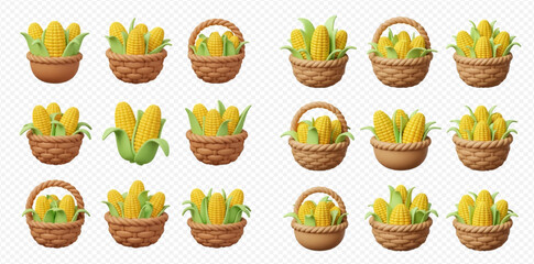 A collection of cartoon corn cobs in woven baskets, a harvest of yellow and green.