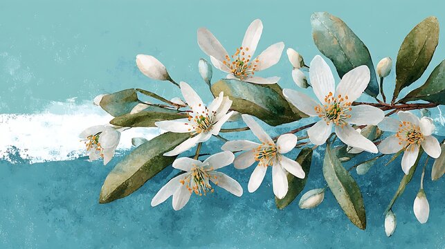 A minimalist flat lay photograph on a soft pastel blue background,rectangular banner with delicate snowdrop flowers Springtime Greetings and Announcements Minimalist Floral Design