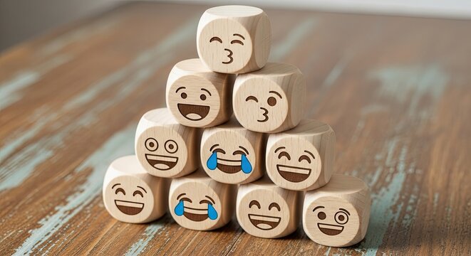 Pile of wooden cubes with emoji faces on a rustic table surface