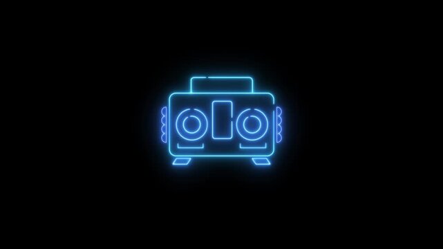 Neon glowing audio player radio icon . ghetto blaster in retro neon over dark background. Technology concept neon icon animated on black background.
