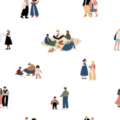 seamless pattern with diverse people: White, Black, African American, Muslim, adults, seniors, kids, couples. Inclusive and multicultural. Flat vector illustration.