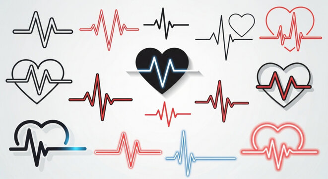 Heartbeat line collection set of heart pulse trace, cardiogram, and heart rate monitor symbols for medical design and healthcare concept