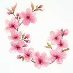 Fototapeta premium Delicate watercolor illustration of a curved branch with blooming pink cherry blossoms and green leaves on a white background
