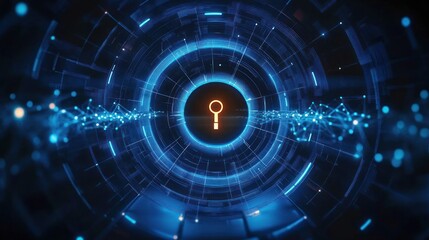 Obraz premium Futuristic digital tunnel with glowing blue circular patterns and an orange magnifying glass icon at the center, representing data search and technology