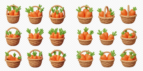Collection of baskets filled with cartoon carrots, arranged in rows.