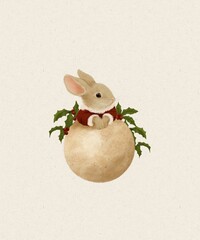 Christmas bunny Watercolor Holiday Card Illustration