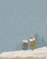 Winter snowy forest, forest inhabitants mice, winter illustration