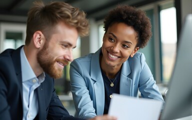 Obraz premium Portrait of an employee collaborating with colleague at office. High quality