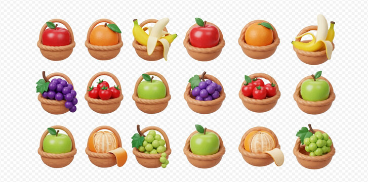 A collection of 3D rendered fruit baskets, each containing a different type of fruit, arranged in a grid pattern.